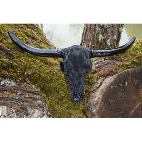 IN0306 TETE DE MORT SQUELETTE FIGURINE CRANE BISON VACHE NOIR STYLE RELIEF 47CM